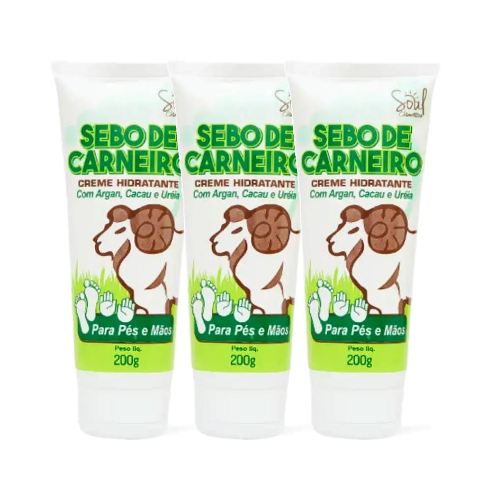 Kit 3 Creme Hidratante Sebo de Carneiro Pés e Mãos Soul 200g