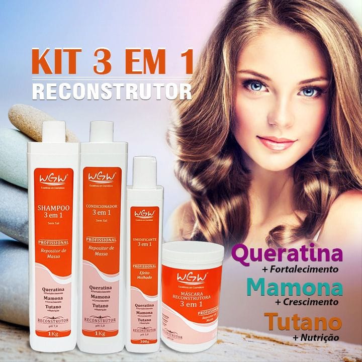 Kit 3 Em 1 Reconstrutor Hidratação Wgw Queratina Mamona Tutano