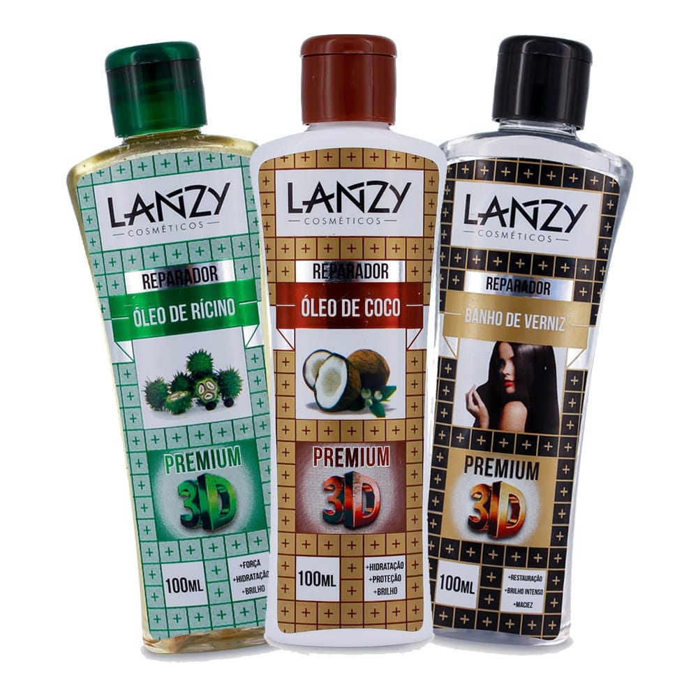 Kit 3 Reparadores de Pontas Verniz Oleo de Coco Oleo Ricino lanzy 100ml
